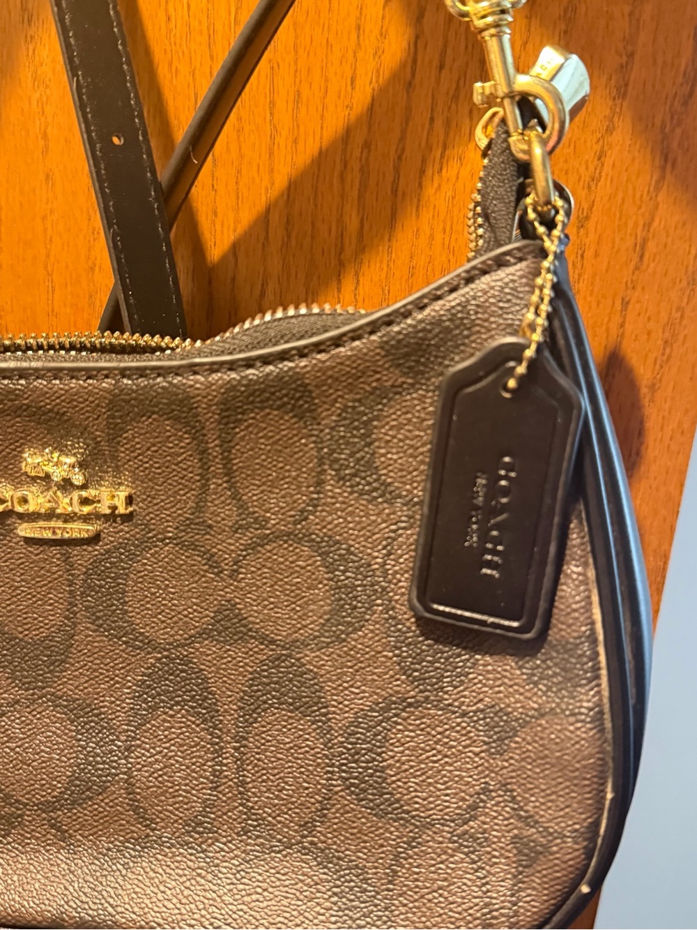 COACH Brown Signature Canvas Shoulder Bag with Gold Hardware